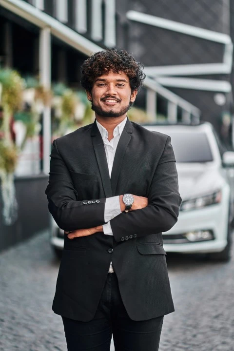 Academy indian businessman with his white car Small
